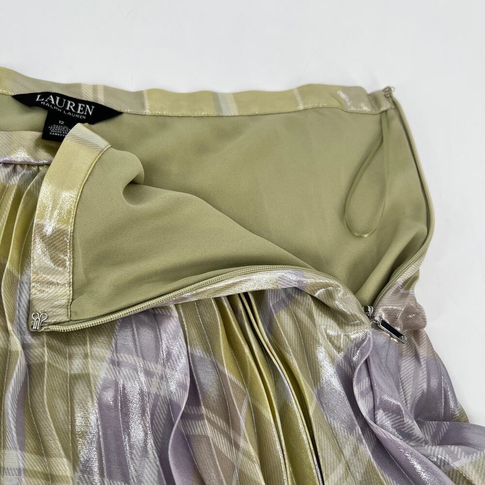 Lauren Ralph Lauren Checked Plaid Pleated Georgette Skirt 12 Green Metallic NEW - Picture 11 of 11